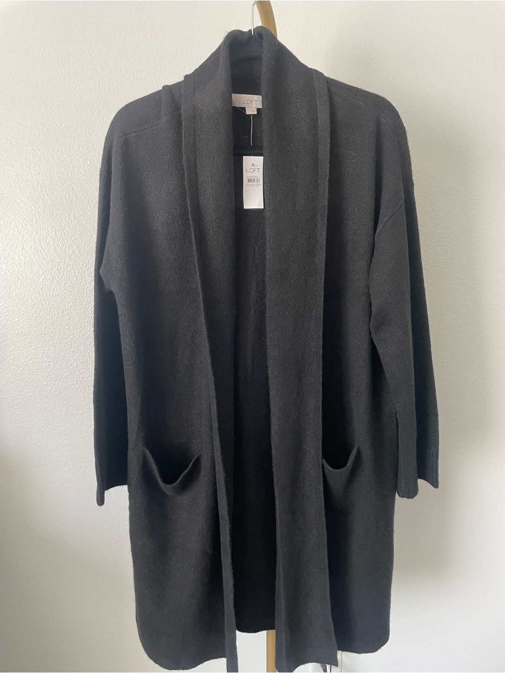LOFT Black Long Open-Front Cardigan with Pockets Size L NWT